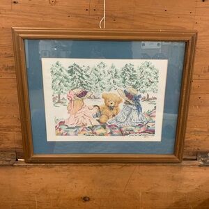 Vintage cross stitch Teddy Bear tea party